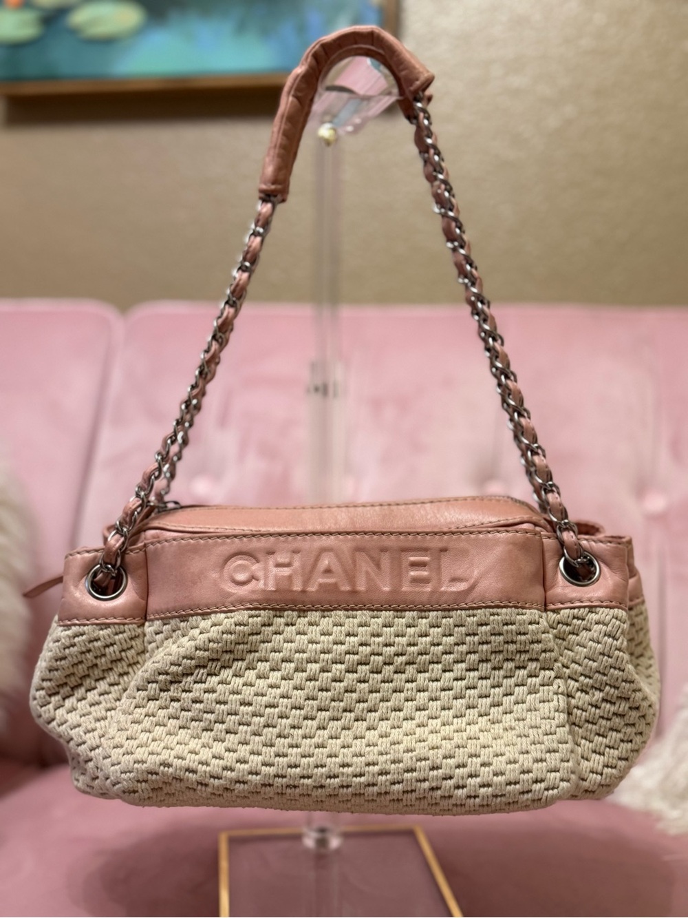 💯Auth! Vintage CHANEL LAX Accordion Pink Leather & Cream Woven Shoulder Bag